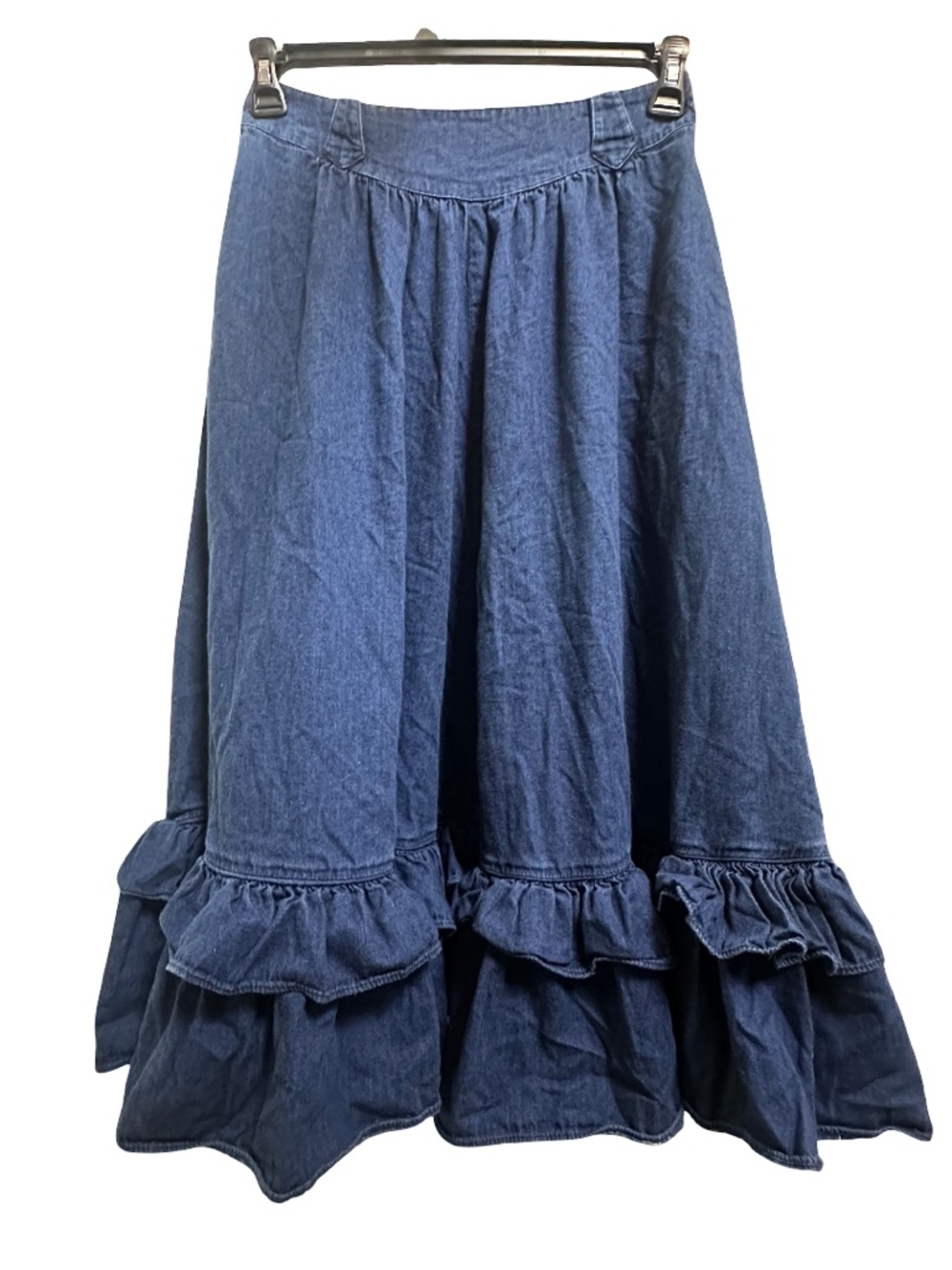 Vintage Circle T Cotton Denim Tiered Ruffle Midi Skirt, western boho - Picture 3 of 10